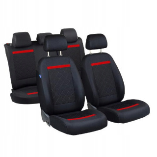Pokrowce na fotele samochodowe - czarne, w dużą pikowaną kratkę z poziomym czerwonym paskiem