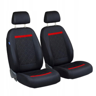 Pokrowce na fotele samochodowe - czarne, w dużą pikowaną kratkę z poziomym czerwonym paskiem