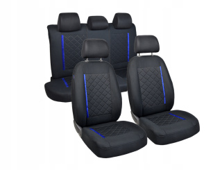 Pokrowce na fotele samochodowe - czarne, z dużą pikowaną kratką i niebieskim paskiem